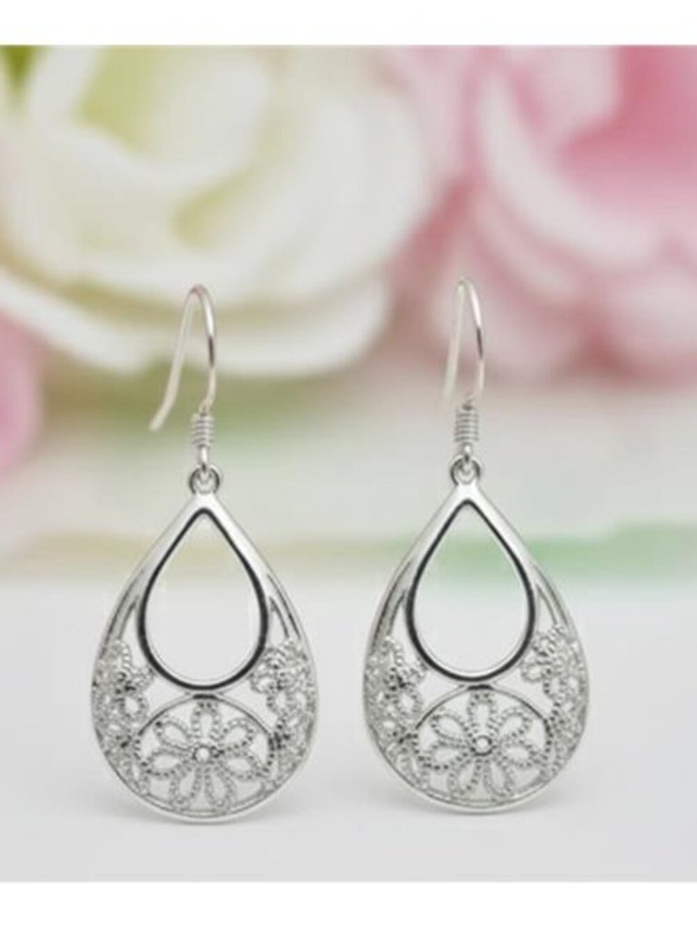 MC Sterling Silver Filigree Teardrop Earrings 925 Floral Openwork Dangle 1 Inch
